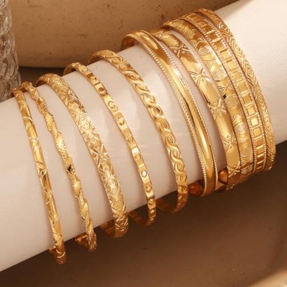 Gold Plated Stackable Bangle Bracelets Set Minimalist Boho Textured Adjustable - Picture 6 of 8